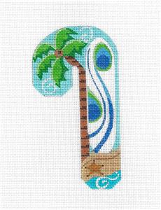 Medium Candy Cane ~ SURFBOARD & TROPICAL Palm Tree and Beach Sports handpainted Needlepoint Canvas CH Design ~Danji
