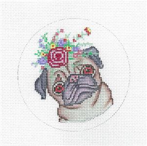 Round-Adorable Curious PUG DOG handpainted Needlepoint Canvas by Janet White ~ Danji