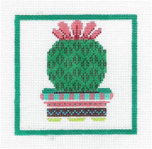 4" Sq. Canvas - Southwest Barrel Cactus in Pot handpainted Coaster Needlepoint Canvas BP Designs ~ Danji