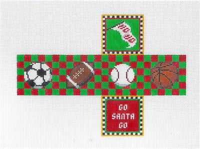 Christmas Sports Cube ~ Sports Balls CUBE 3-D Ornament handpainted Needlepoint Canvas by Susan Roberts