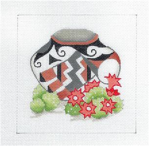 Southwestern Canvas ~ Southwestern Pot with Cactus handpainted Needlepoint Canvas by Jinice from Danji