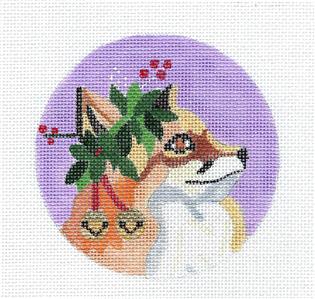 Fox canvas ~ Red Fox with Christmas Bells & Holly handpainted Needlepoint Canvas Ornament by Melissa Prince