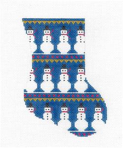 Stocking ~ Snowmen on Blue Mini Stocking Ornament Painted Needlepoint Canvas Silver Needle
