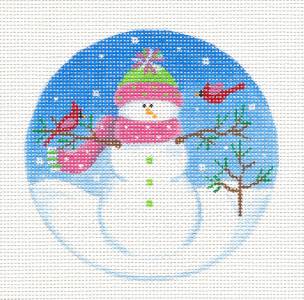 Round ~ Snow Lady & Cardinal Friends handpainted Needlepoint Ornament 4" Rd Pepperberry
