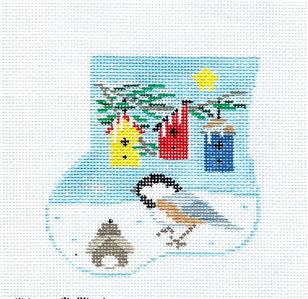 CHICKADEE & CANVAS SET ~ HP Needlepoint Mini Stocking Ornament & BIRD by Kathy Schenkel