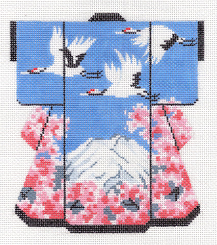 Kimono~ LEE Cranes Over Mt. Fuji Oriental Medium Kimono handpainted Needlepoint Canvas