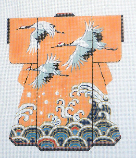 Kimono ~ Flying Cranes Over Waves on Peach Background LG. Kimono 18 Mesh handpainted Needlepoint Canvas by LEE