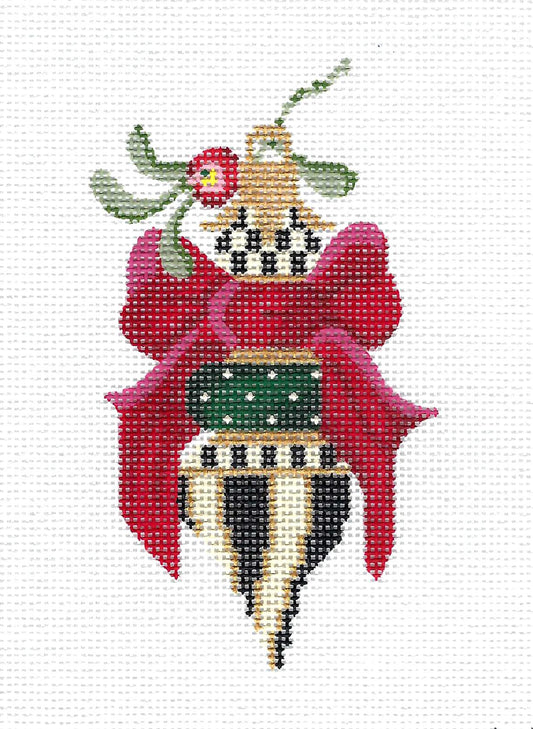 Ornament ~ Crimson Bow & Mistletoe handpainted Christmas Needlepoint Canvas by Kelly Clark