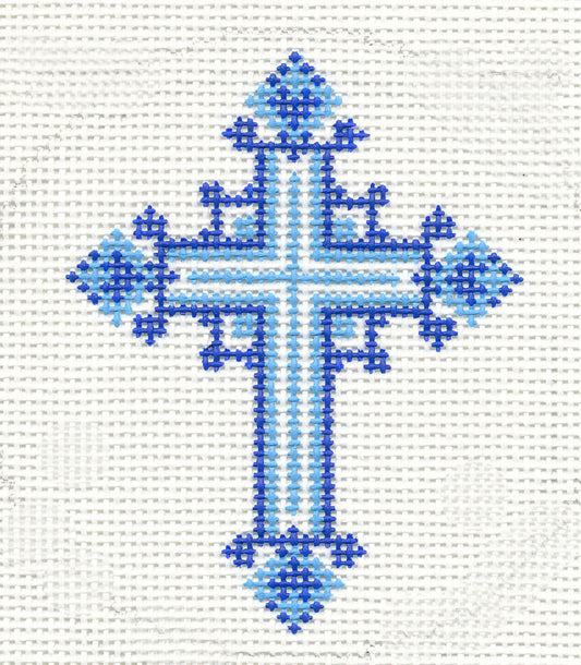 Cross ~ Elegant BLUE CROSS handpainted 18 Mesh Needlepoint Canvas 3" Rd. Ornament or Insert by LEE