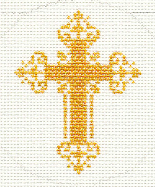 Cross ~ Metallic Gold Filigree CROSS handpainted Needlepoint Canvas 3" Rd. Ornament or Insert by LEE