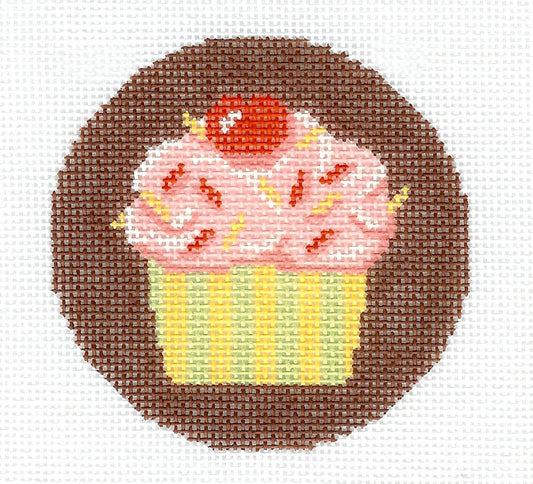 Round ~ Cupcake celebration handpainted Needlepoint Canvas 3" Rd. Ornament or Insert by LEE