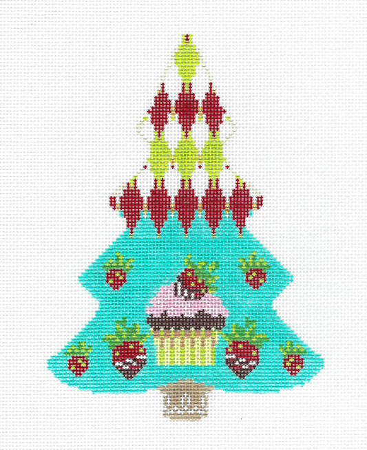 LG. Strawberry & Cupcake Treats Tree Ornament handpainted Needlepoint Ornament Canvas Kelly Clark
