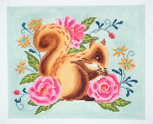 Canvas ~ Squirrel in an English Rose Garden handpainted Needlepoint Canvas by Abigail Cecile