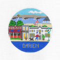 Travel Round ~ DARIEN, CONNECTICUT 4" Round Ornament Handpainted Needlepoint Canvas by Doolittle Studios