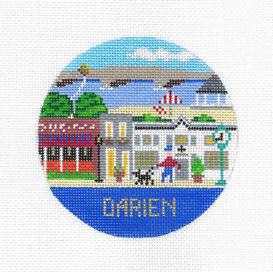 Travel Round ~ DARIEN, CONNECTICUT 4" Round Ornament Handpainted Needlepoint Canvas by Doolittle Studios