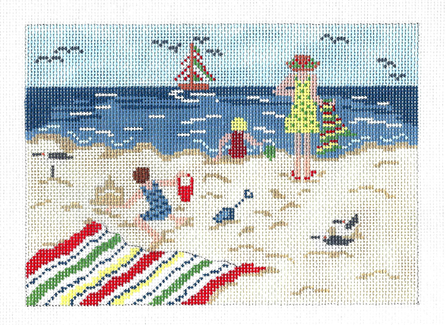 Seaside ~ Family Day at the Beach handpainted 18 mesh Needlepoint Canvas by Needle Crossings