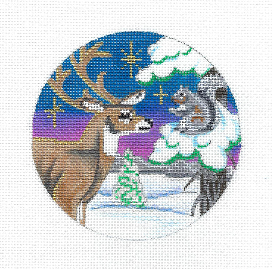 Deer and Squirrel in the Winter Scene handpainted 18 mesh 4" Needlepoint Canvas by Alice Peterson