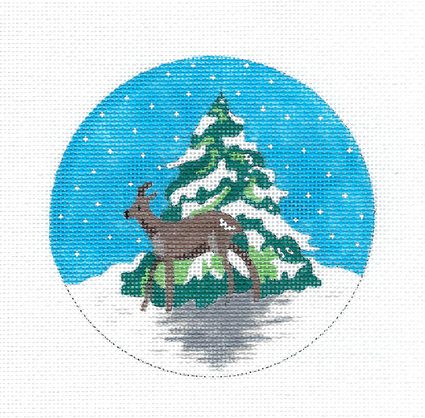 Deer in the Snow with Pine Tree Ornament Handpainted Needlepoint canvas by MM Designs