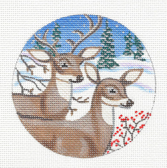 Two Deer in a Winter Forest handpainted 18 mesh Needlepoint Ornament Canvas by Alice Peterson