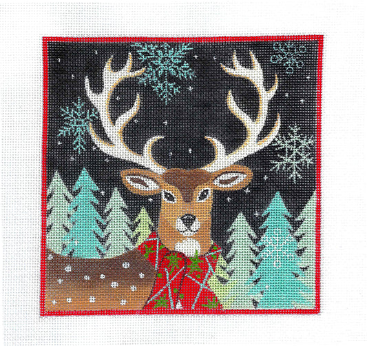 Deer ~ Winter Stag Deer Wearing a Scarf 6" Square handpainted 18 Mesh Needlepoint Canvas  by Maggie