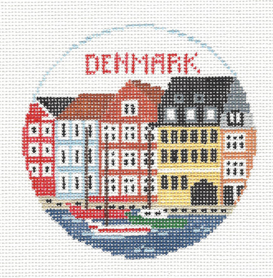 Travel Round ~ DENMARK Ornament handpainted Needlepoint Canvas by Kathy Schenkel RD.