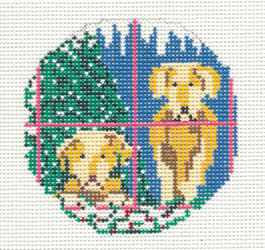 Dog Round ~ 2 Yellow Lab Dogs Ornament 18 mesh handpaint  3" Needlepoint Canvas Needle Crossings
