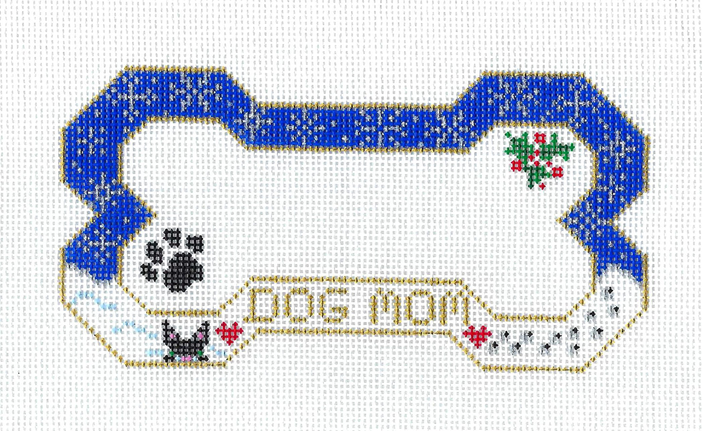 Dog canvas ~ "DOG Mom" Dog bone ornament w/ Snowflakes & Hearts Handpainted Needlepoint Canvas by Danji