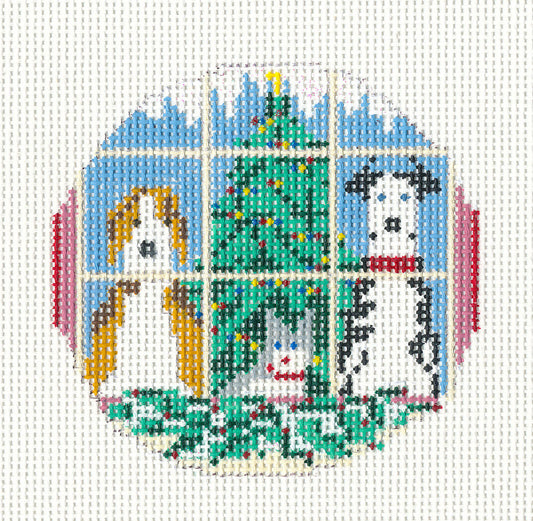 Dog Round ~ Two Dogs & 1 Cat and Tree 3" Ornament 18M handpainted Needlepoint Canvas by Needle Crossings