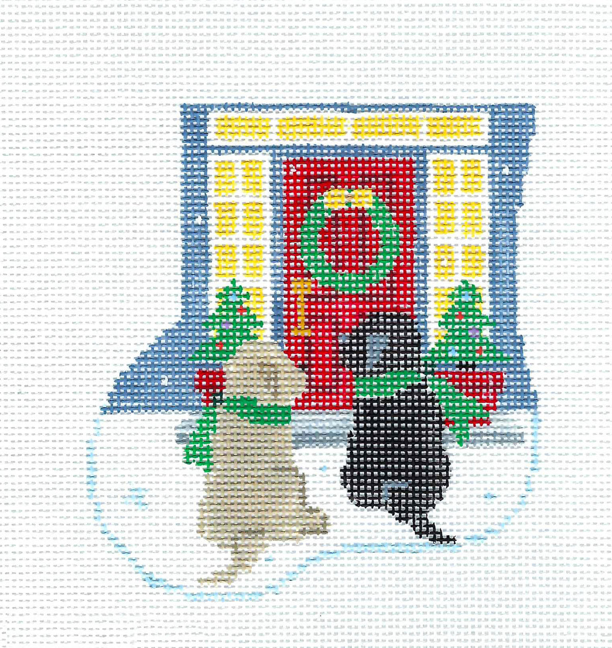 Canvas Set ~ 2 Dogs at the Door SET handpainted Needlepoint Mini Stocking & Dog SET by Kathy Schenkel