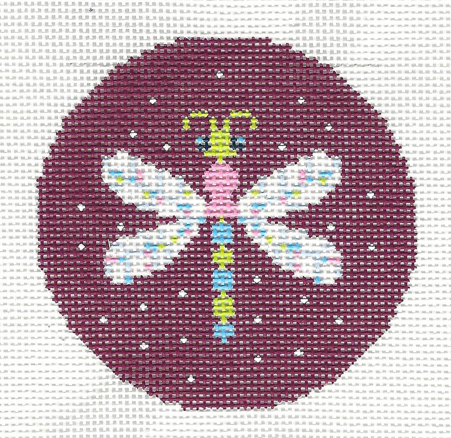 Round ~ Dragonfly on Burgundy handpainted Needlepoint Canvas 3" RD by LEE