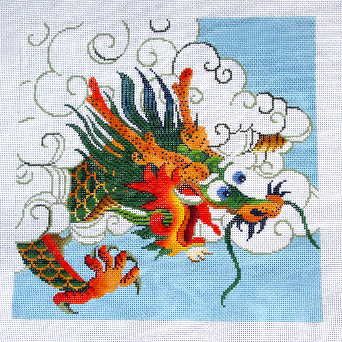 Dragon Canvas ~ Oriental Green Dragon on light Blue handpainted 13 mesh Needlepoint Canvas by LEE