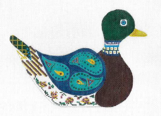 Bird Canvas ~ Patchwork Paisley DUCK handpainted Needlepoint Canvas on 18 mesh by TS Designs