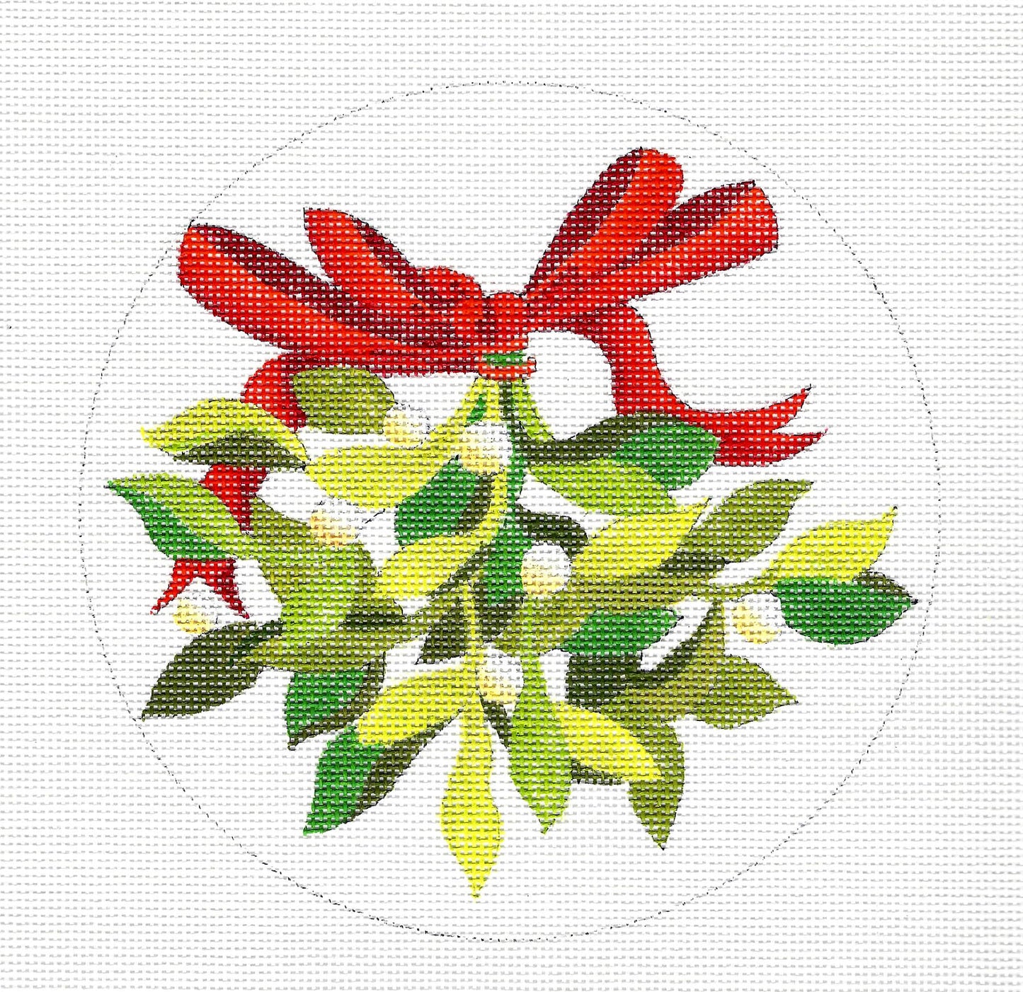 Christmas ~ Kiss Me Mistletoe Bouquet with Red Bow handpainted 6" Rd. Needlepoint Canvas by dede