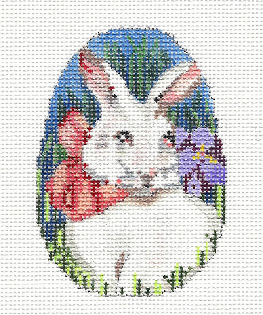 Egg ~ White Bunny with Bow & Flower Egg handpainted Needlepoint Canvas Ornament by Assoc. Talents