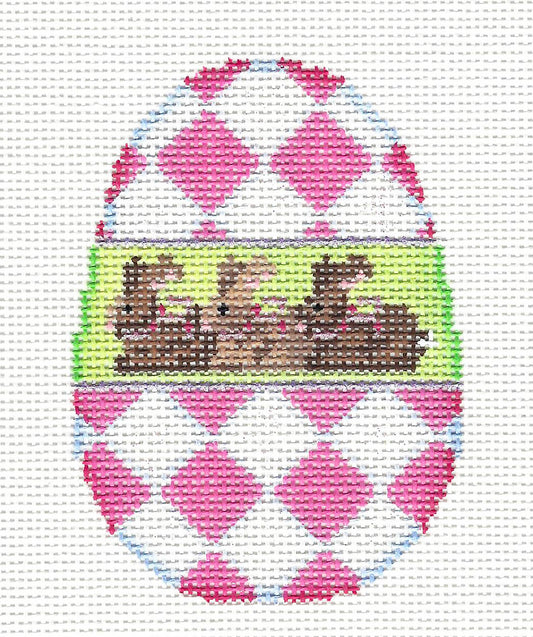 Egg ~ Pink Harlequin Egg & 3 Brown Bunnies handpainted Needlepoint Canvas Ornament by Assoc. Talents