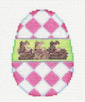 Egg ~ Pink Harlequin Egg & 3 Brown Bunnies handpainted Needlepoint Canvas Ornament by Assoc. Talents
