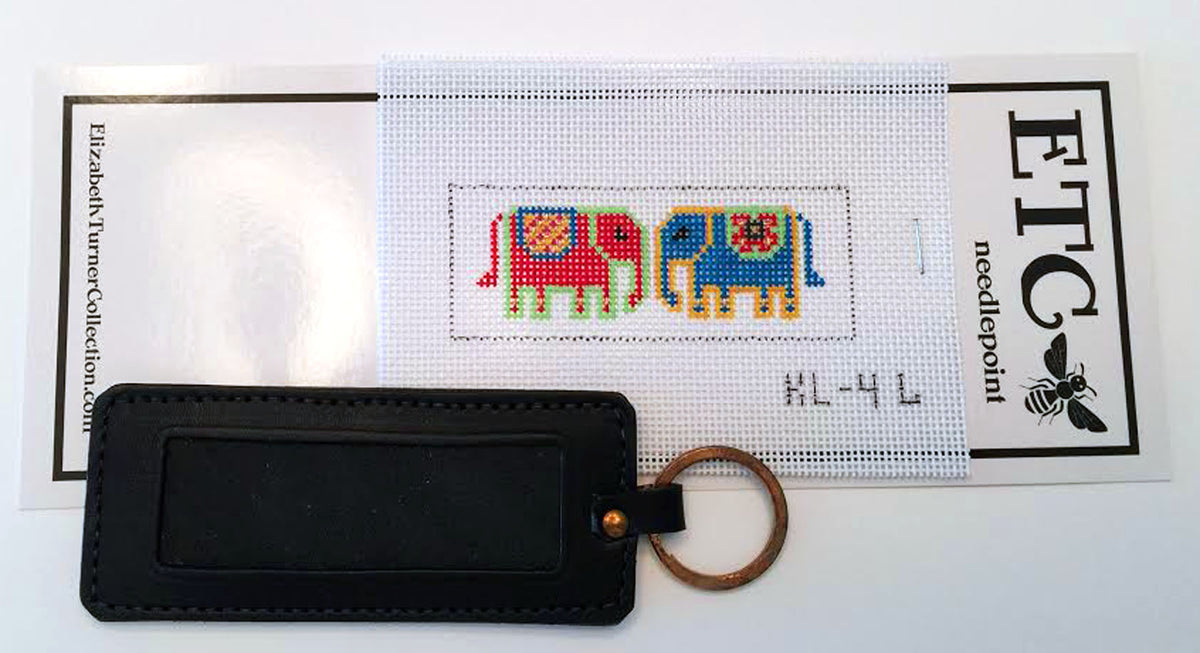 KEY TAG ~ Elephants on Parade Leather Key Tag Rectangular handpainted Self Finish Needlepoint Canvas Ornament by Elizabeth Turner