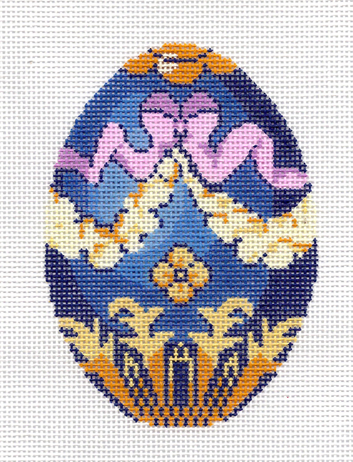 Faberge LEE Jeweled EGG with Pink Ribbon and Gold on Navy handpainted Needlepoint Canvas