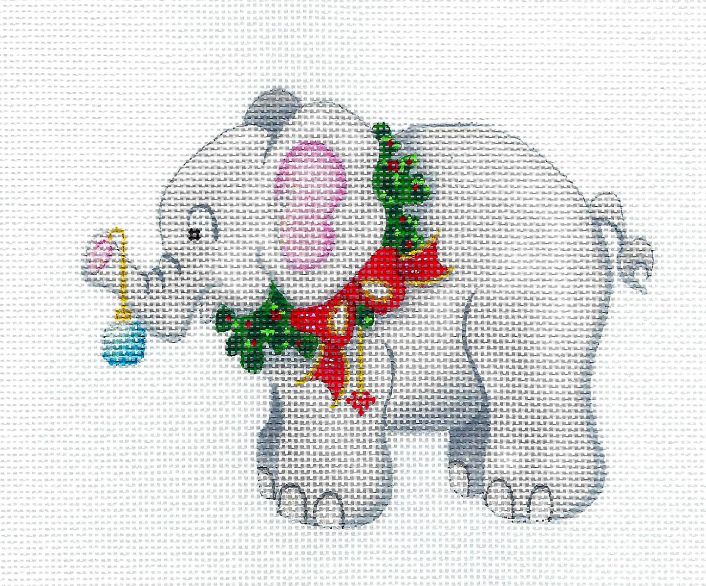 Christmas Elephant with Ornament and Holly Wreath handpainted Needlepoint Canvas by Strictly Christmas