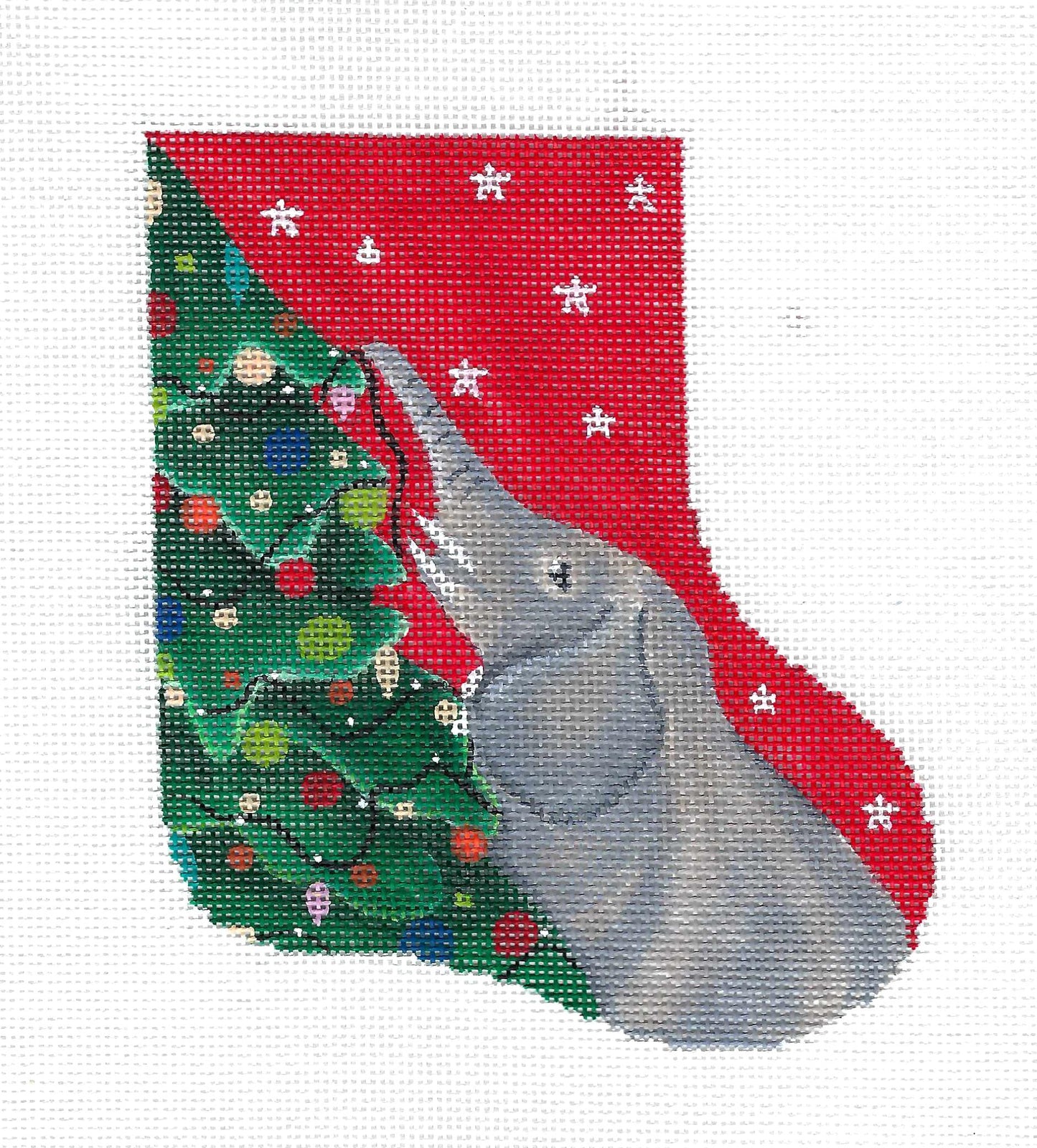 Christmas ~ Elephant Decorating His Tree Mini Stocking handpainted Needlepoint Canvas by Ginny Diezel from CBK