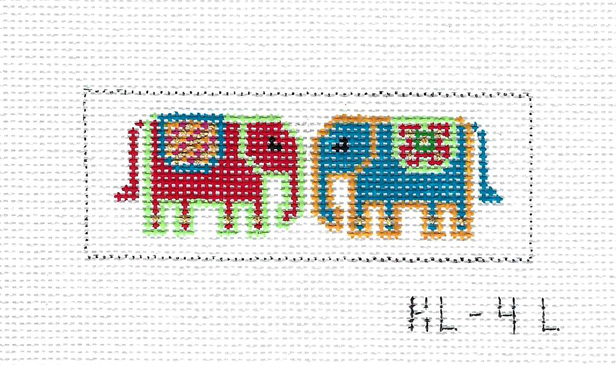 KEY TAG ~ Elephants on Parade Leather Key Tag Rectangular handpainted Self Finish Needlepoint Canvas Ornament by Elizabeth Turner