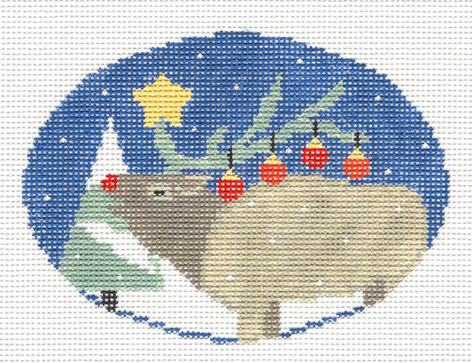 Oval ~ Elk with Antler Christmas Ornaments in Snow handpainted Needlepoint Canvas by Kathy Schenkel