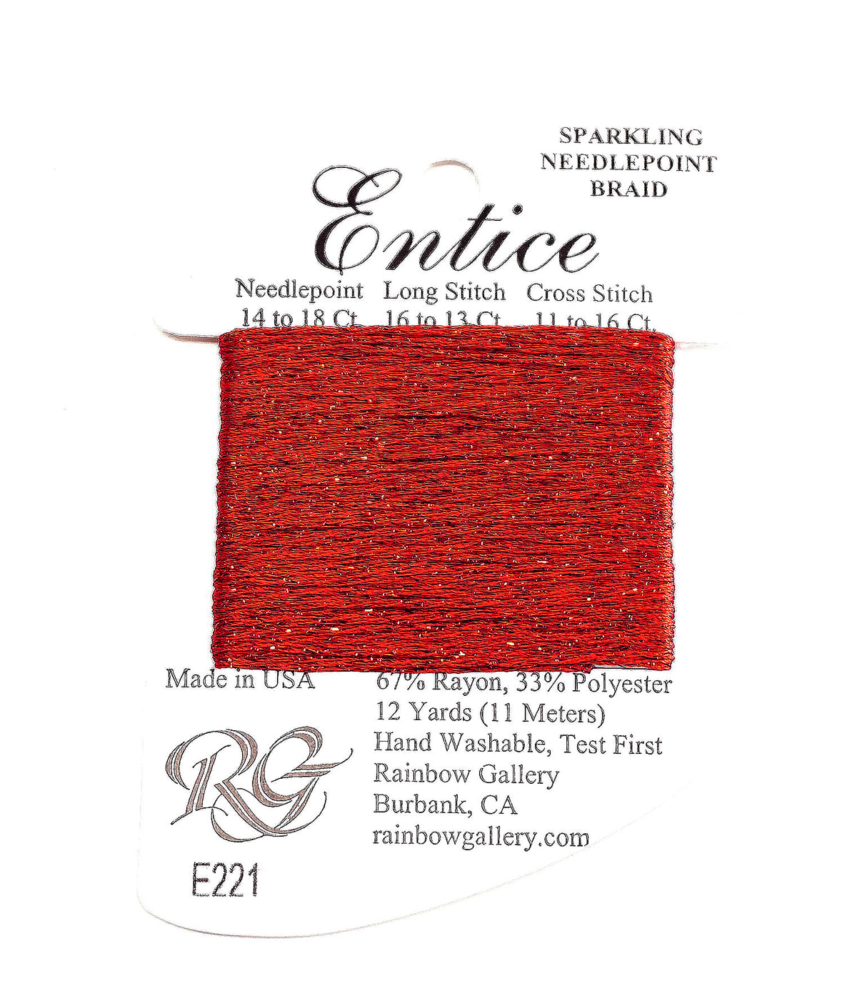 Fibers ~ ENTICE Braid #E221 "Strawberry" Red Stitching Fiber 12 Yards Needlepoint Stitching Thread - Rainbow Gallery