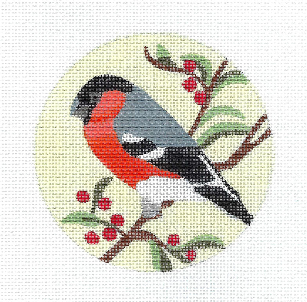 Bird Canvas ~ Eurasian Bullfinch handpainted 4" Rd. Ornament & STITCH GUIDE Needlepoint Canvas by Melissa Prince
