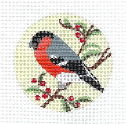 Bird Canvas ~ Eurasian Bullfinch handpainted 4" Rd. Ornament & STITCH GUIDE Needlepoint Canvas by Melissa Prince