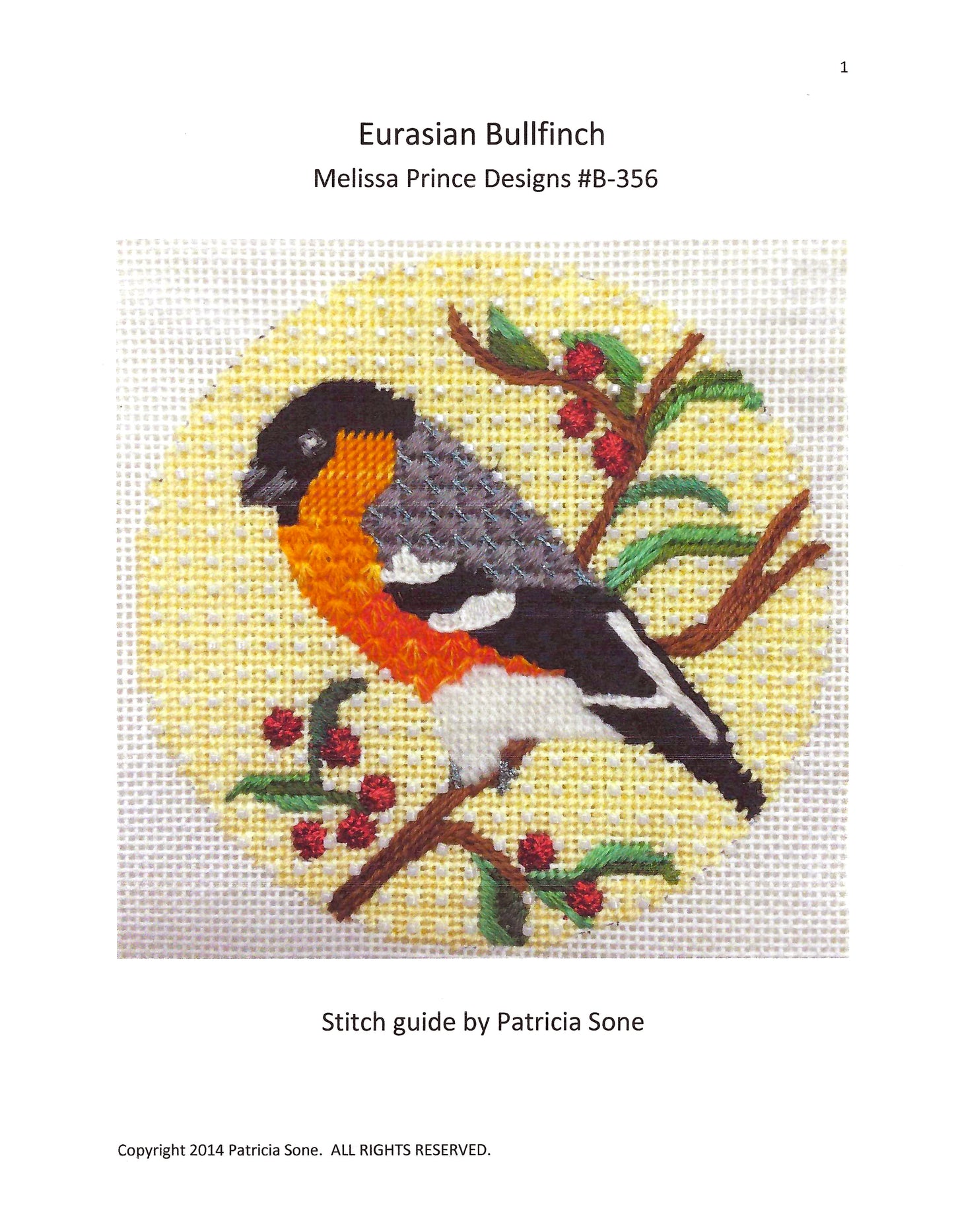 Bird Canvas ~ Eurasian Bullfinch handpainted 4" Rd. Ornament & STITCH GUIDE Needlepoint Canvas by Melissa Prince