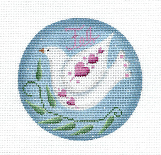 MONTH Round ~ February White Dove handpainted Needlepoint Canvas by Rebecca Wood