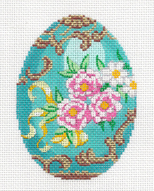 Faberge Egg ~ Turquoise Floral Pink Roses Jeweled EGG handpainted Needlepoint Canvas Ornament by LEE
