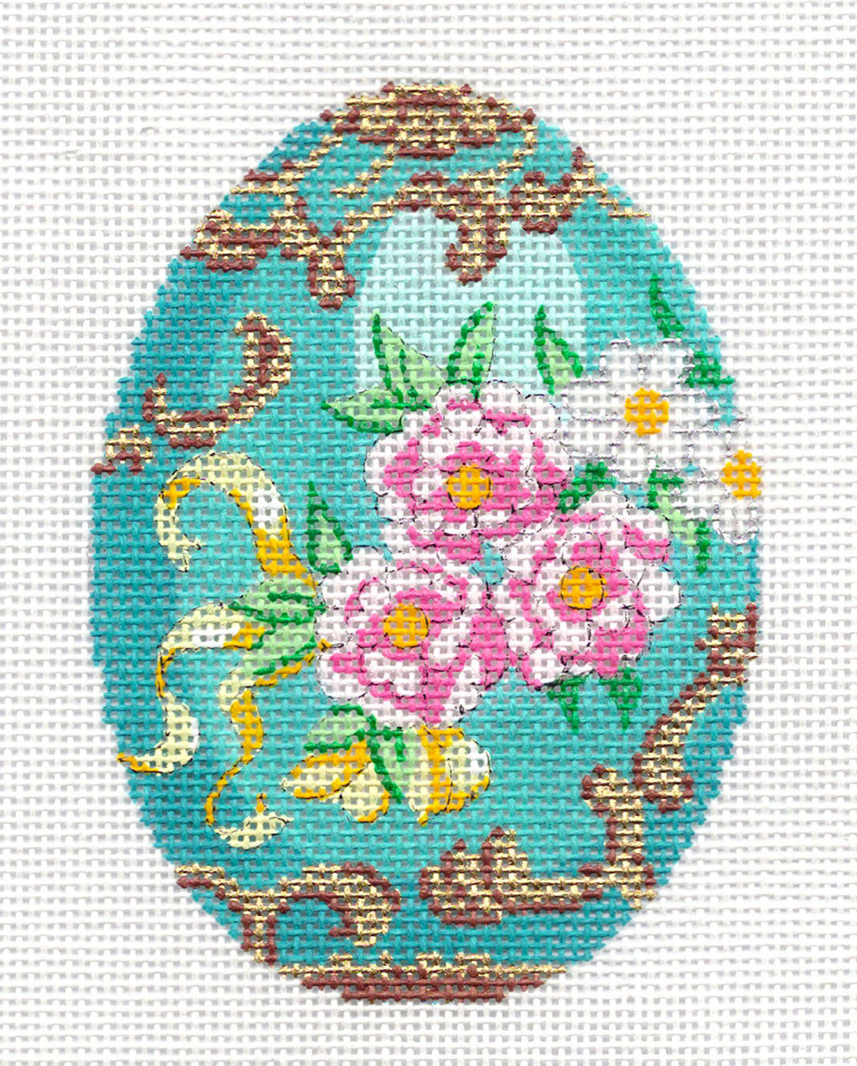 Faberge Egg ~ Turquoise Floral Pink Roses Jeweled EGG 18 Mesh handpainted Needlepoint Canvas Ornament by LEE