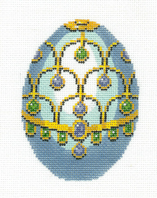 Faberge EGG ~ Faberge Jeweled Blue and Gold EGG handpainted Needlepoint Canvas by LEE